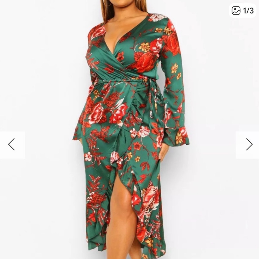 Boohoo Green Floral Wrap Dress with Red & Pink Blooms